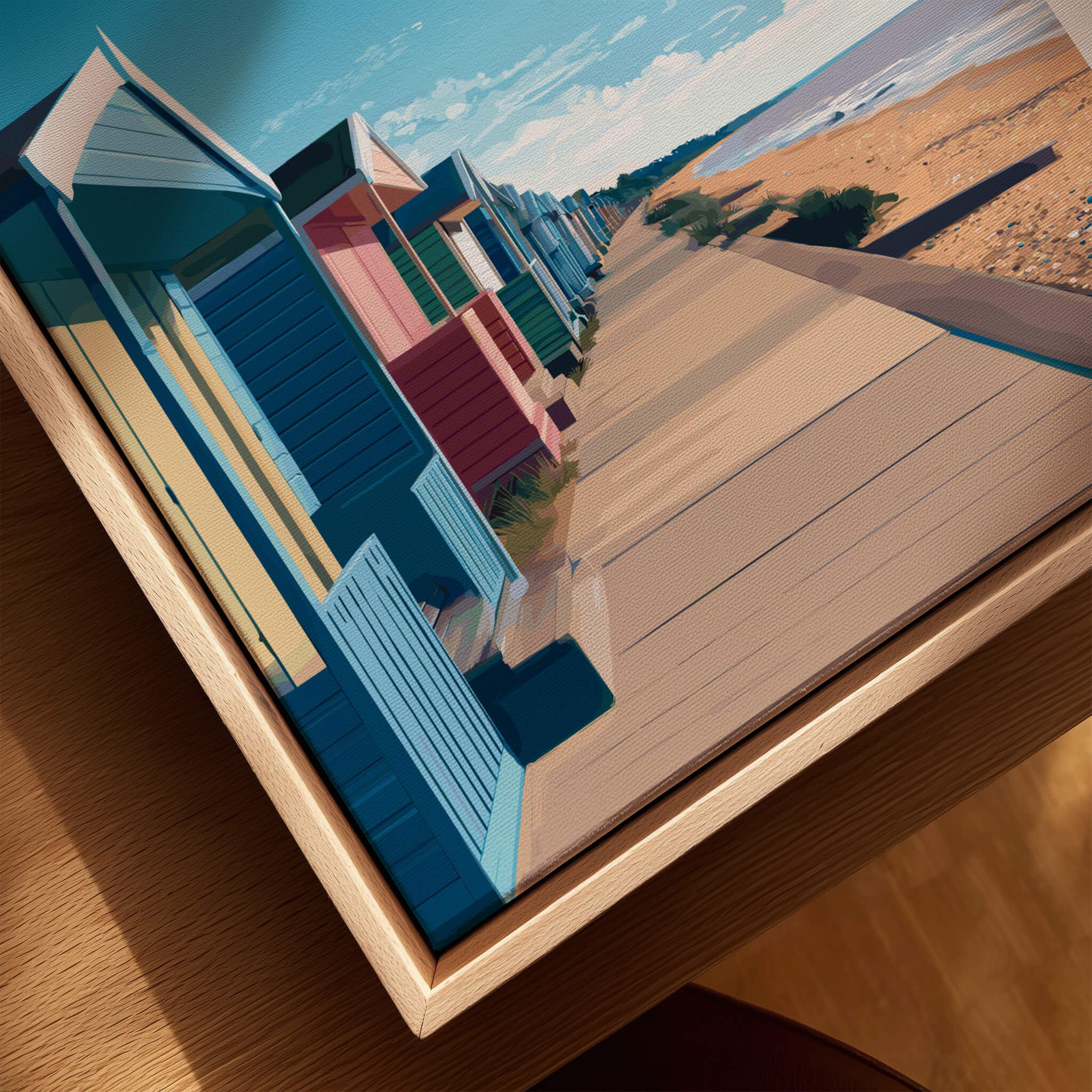 Frinton-on-Sea Travel Poster – Essex Coastline Beach Huts & Prom Art showcasing colorful beach huts along the promenade.