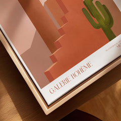 Galerie Bohème Abstract Moroccan Stairs Cactus Poster Desert Wall Art Print displayed in a wooden frame.