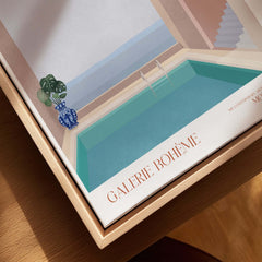 Galerie Bohème Moroccan Pool Ocean Archway Art Print Mediterranean Poster showcasing a turquoise swimming pool with archways.