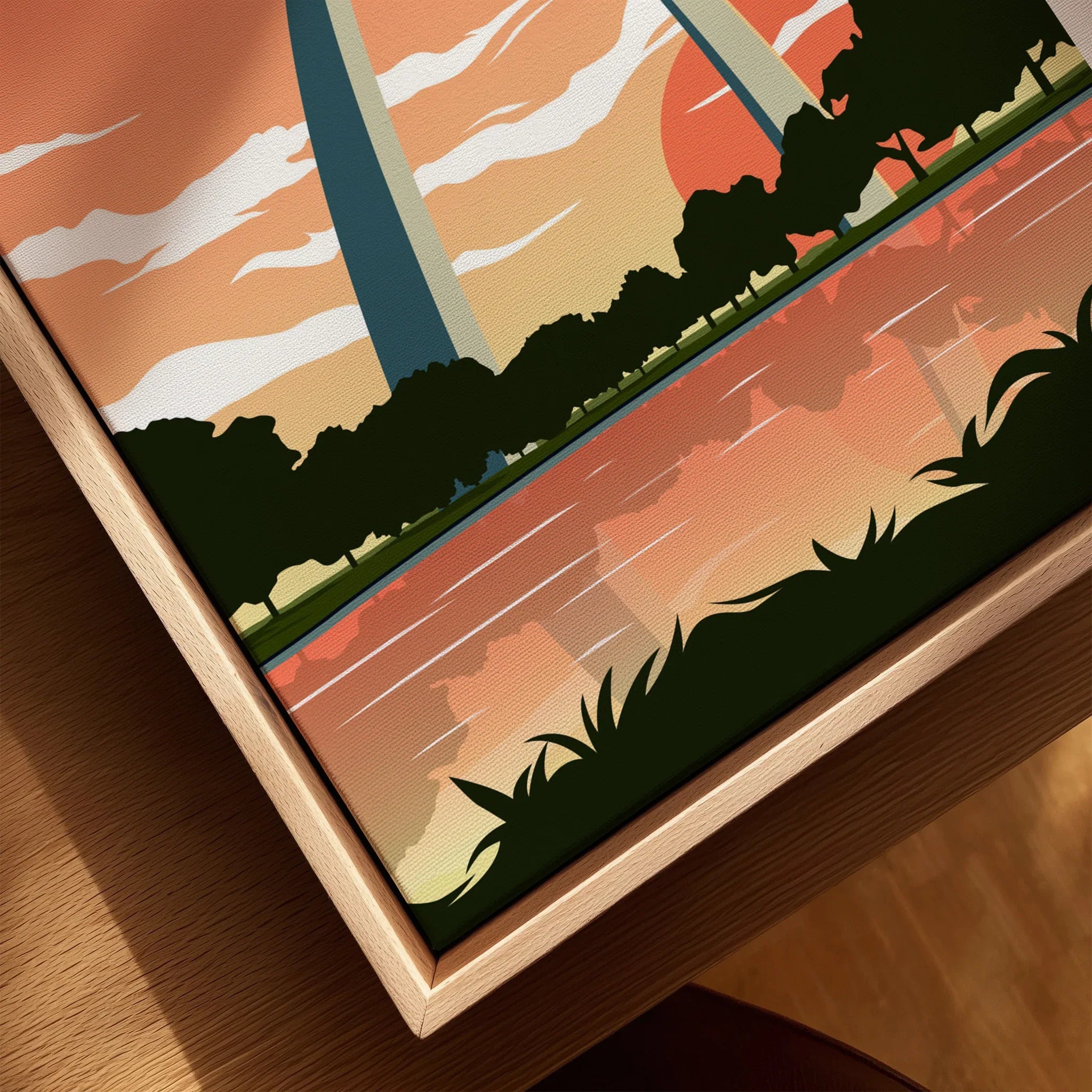 Close-up framed canvas art of Gateway Arch with sunset, trees, and water reflection