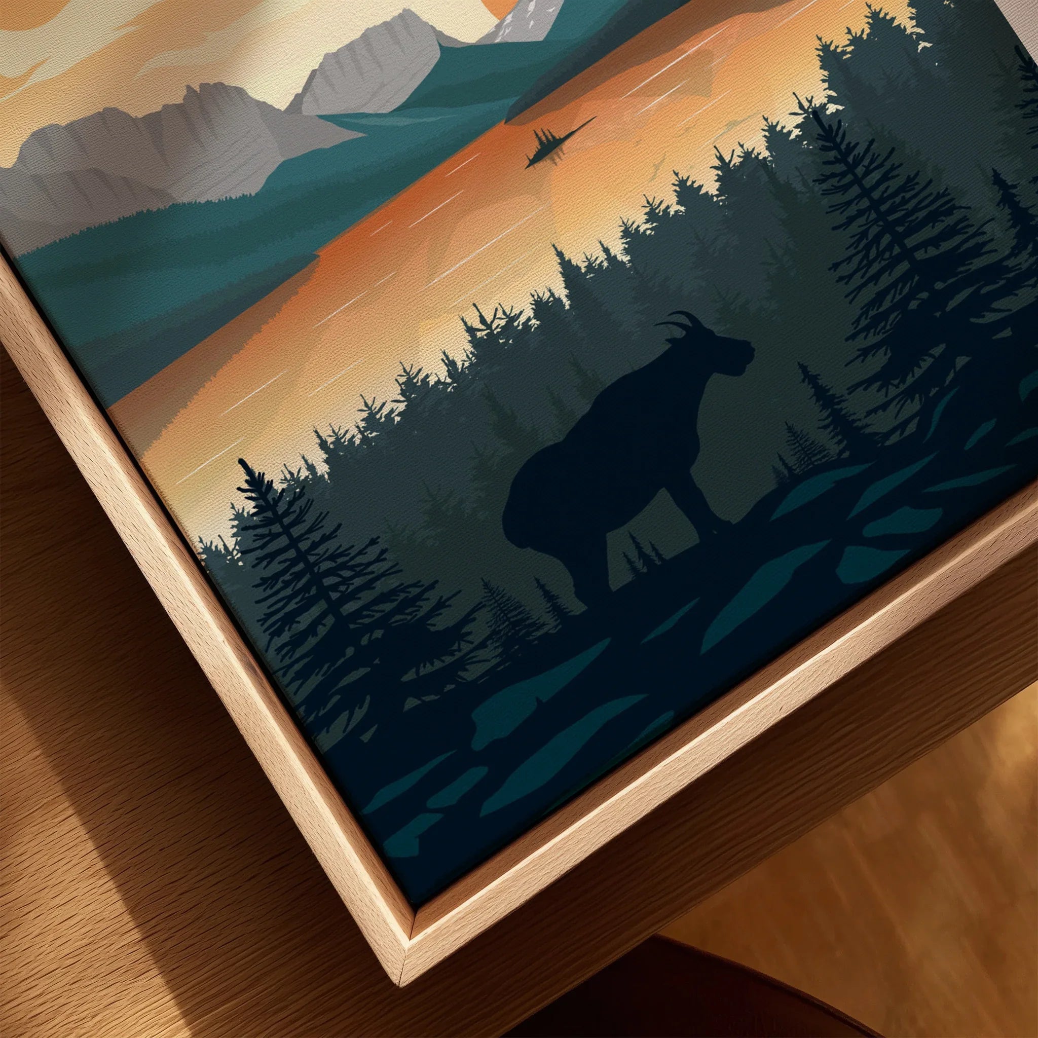 Closeup of Glacier National Park print with mountain goat, trees, lake, in wood floating frame