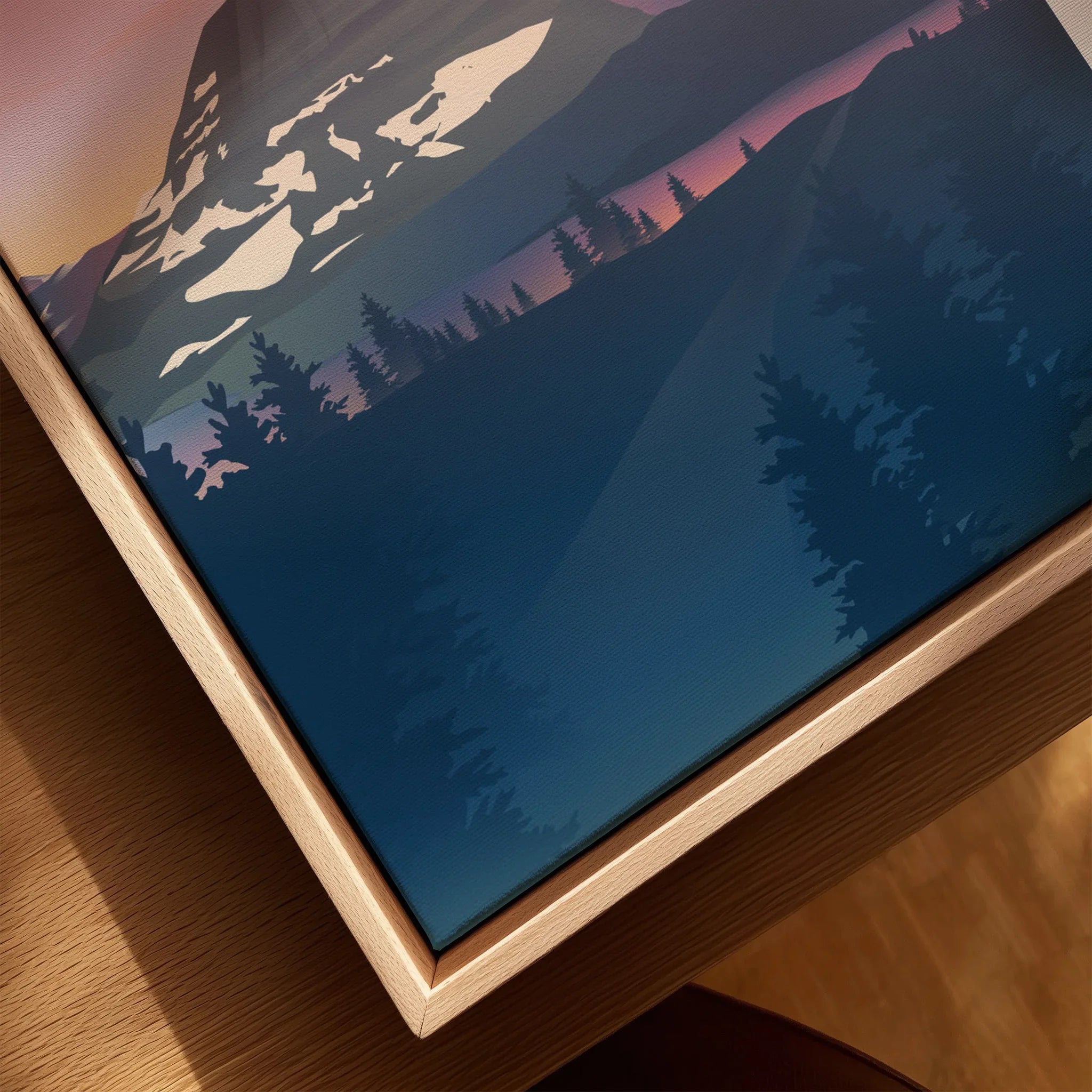 Closeup of framed National Park canvas print with illustrated mountain and forest scene
