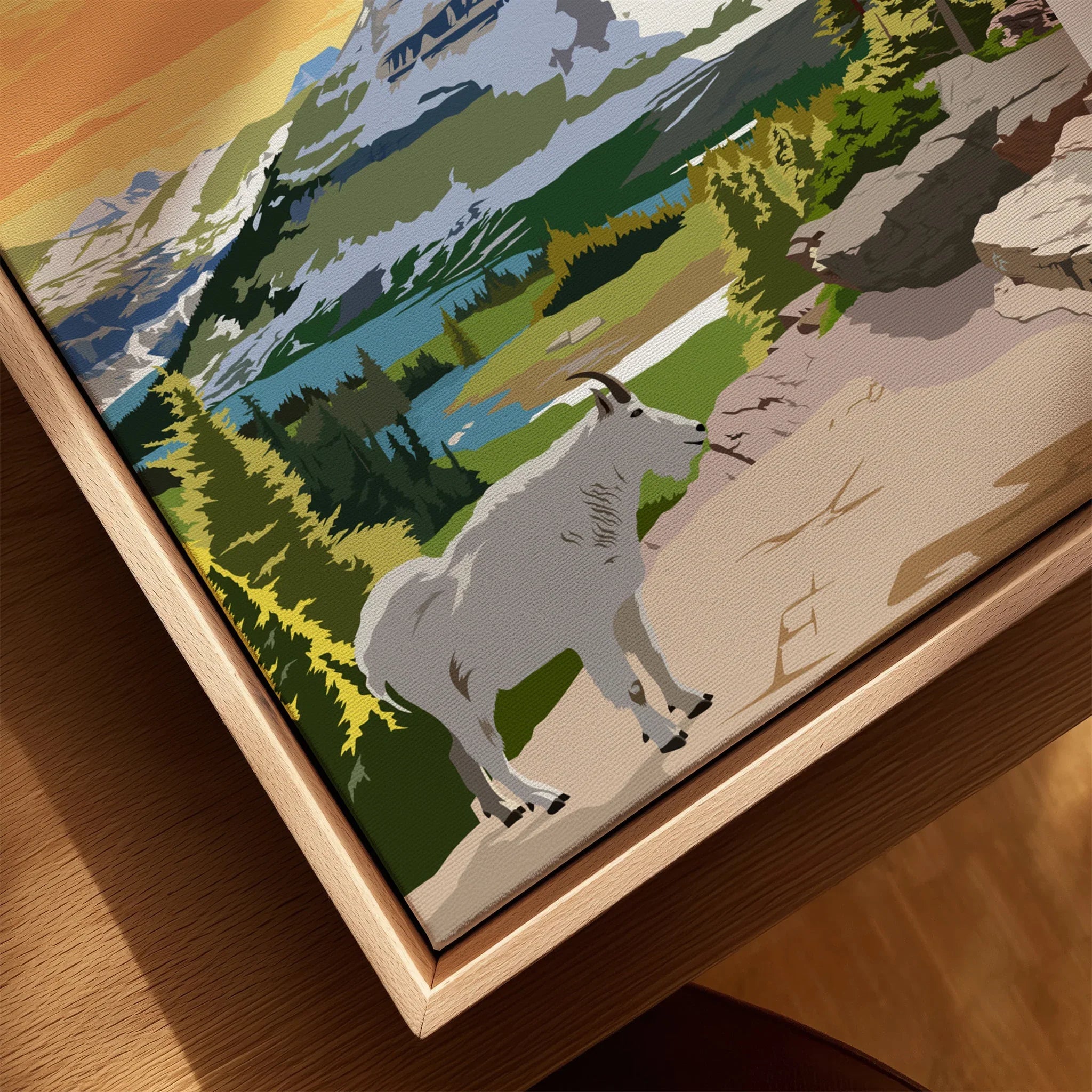 Closeup of framed canvas art featuring a mountain goat in a scenic national park landscape.