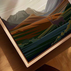 Framed canvas wall art featuring a stylized mountain landscape with a deer.