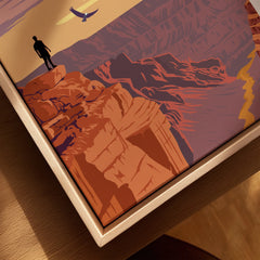 Grand Canyon wall art print in natural wood floating frame, person on cliff edge