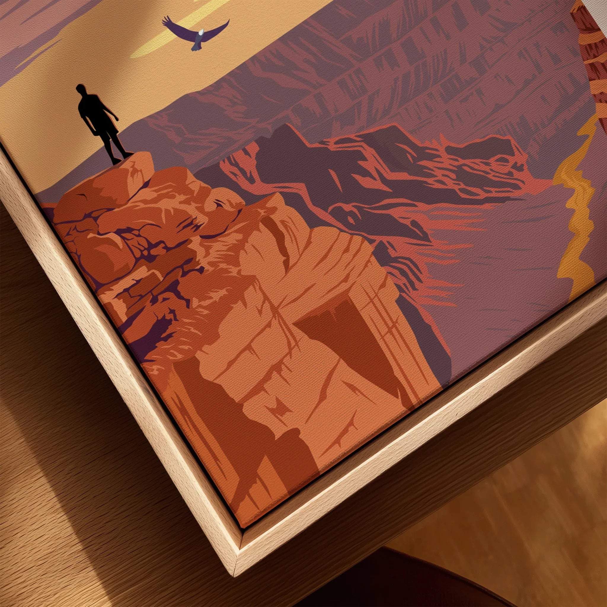 Grand Canyon wall art print in natural wood floating frame, person on cliff edge
