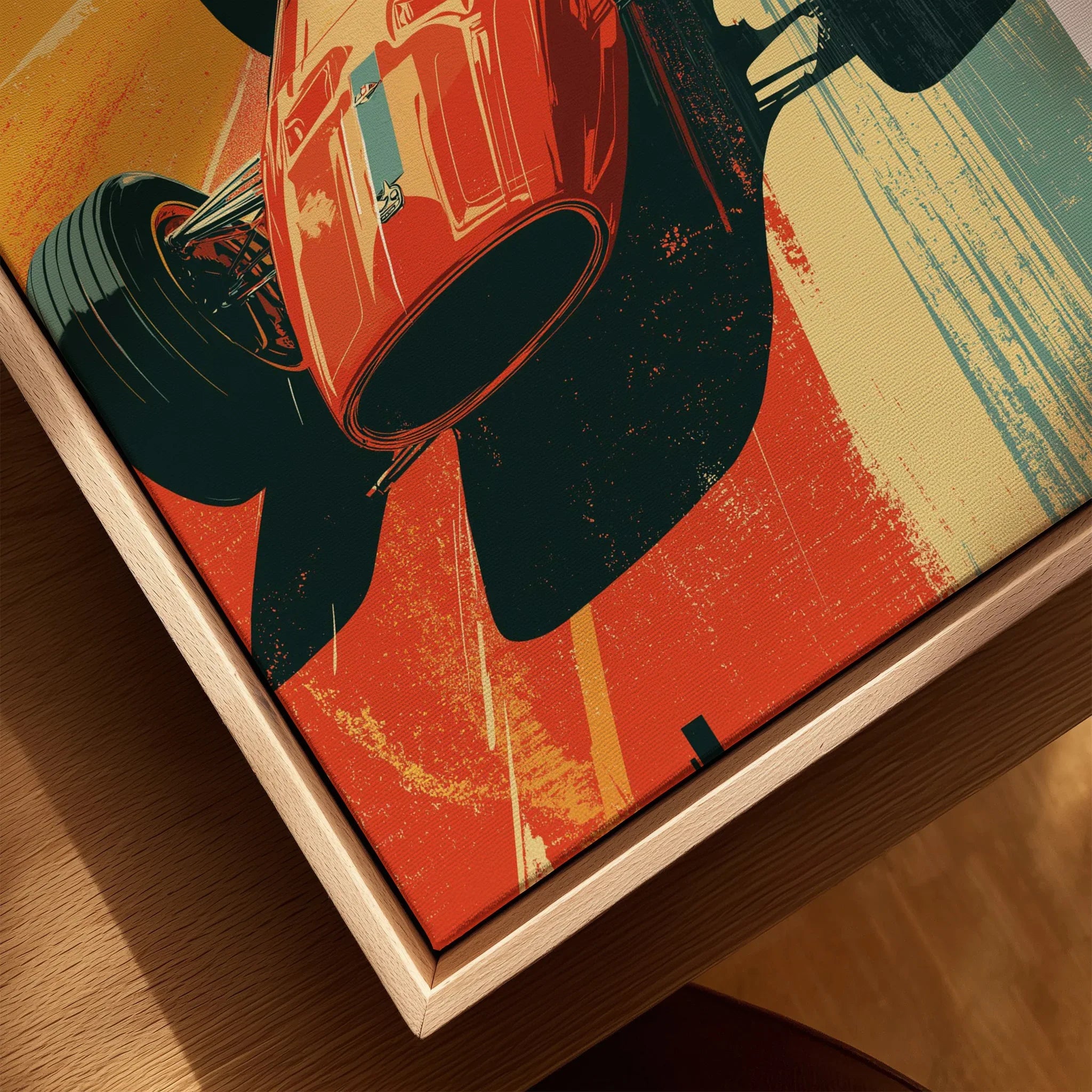 Close-up of vintage race car wall art on canvas with natural wood floating frame