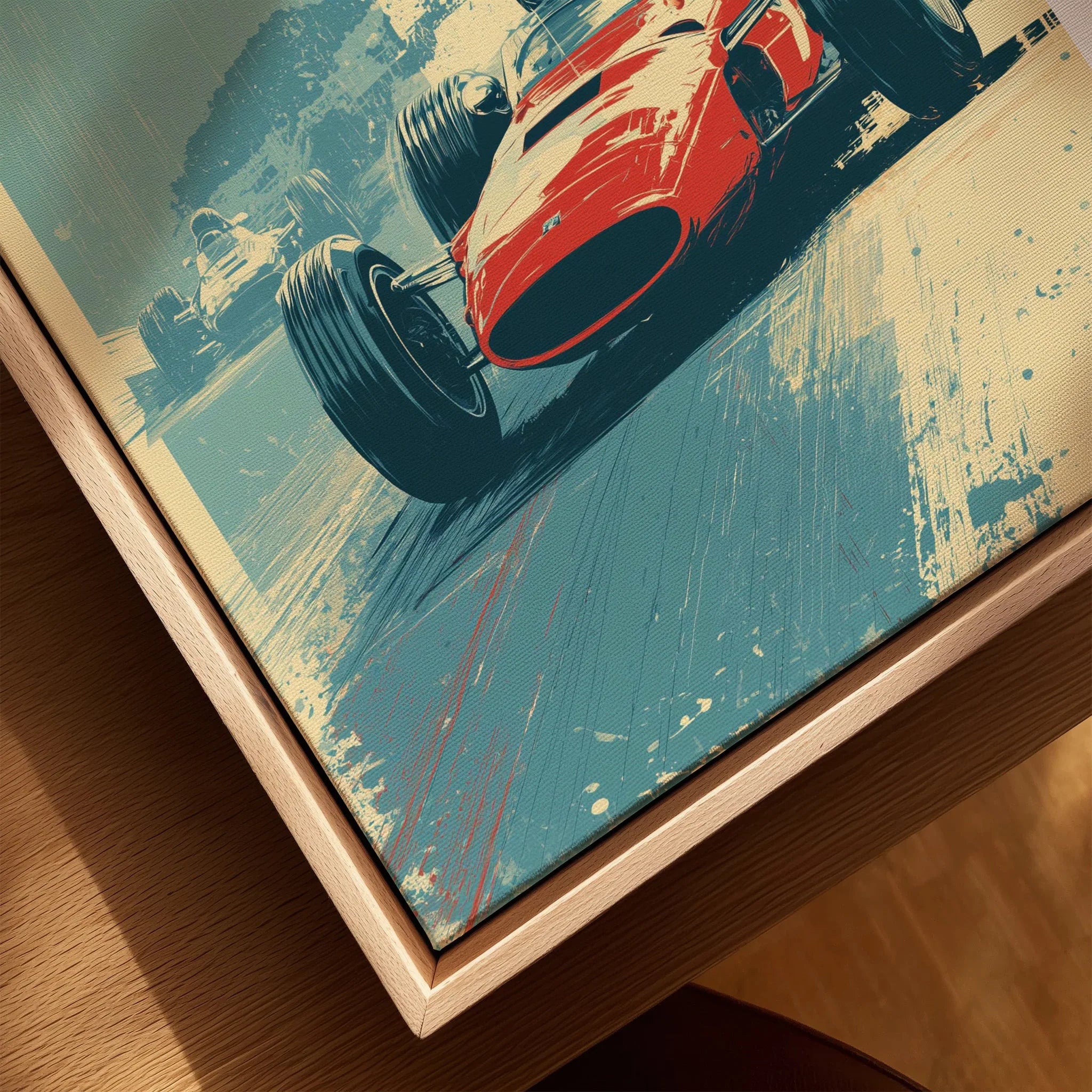 Closeup of framed canvas wall art featuring vintage red race car, natural wood floating frame