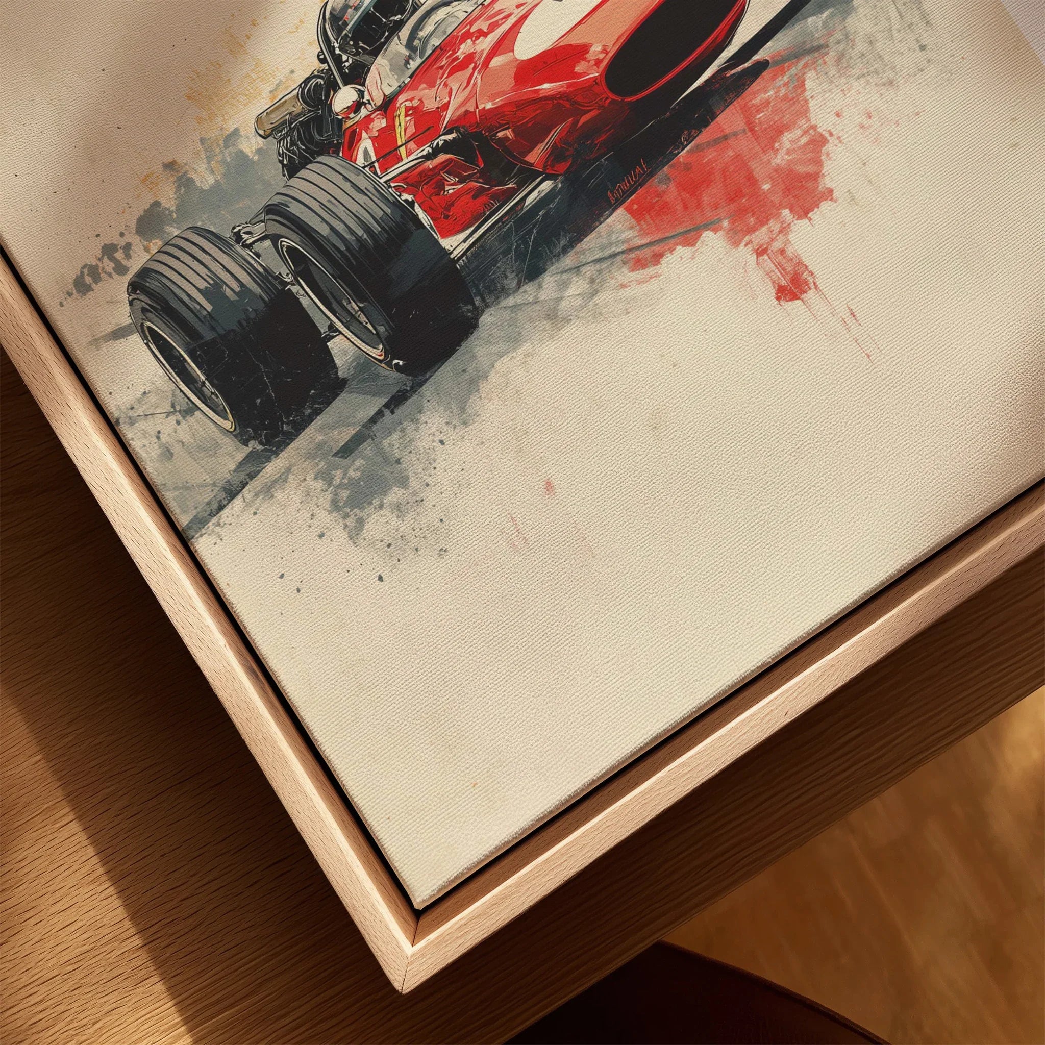 Framed canvas art print featuring classic red race car, natural wood floating frame