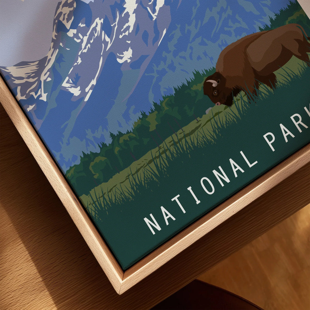 Framed Grand Teton National Park print with bison, mountain and natural wood frame