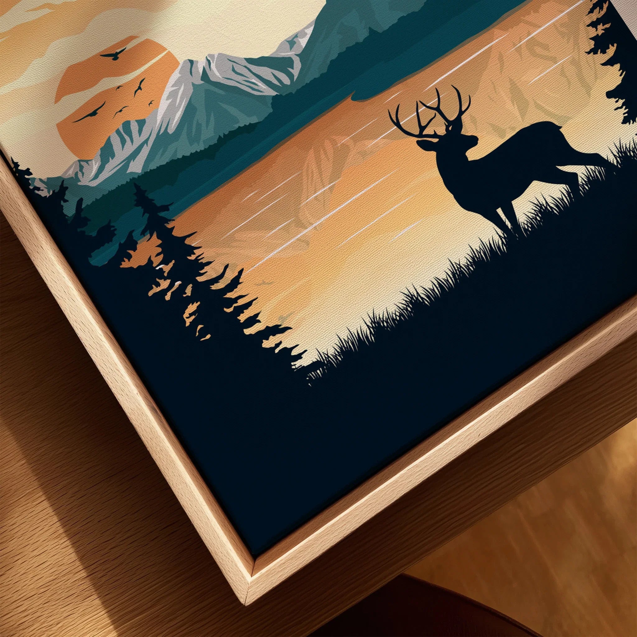 Grand Teton National Park wall art with deer silhouette, mountains, and lake in a wood frame