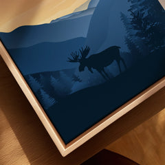 Closeup of framed canvas art featuring a moose silhouette in Smoky Mountains landscape.