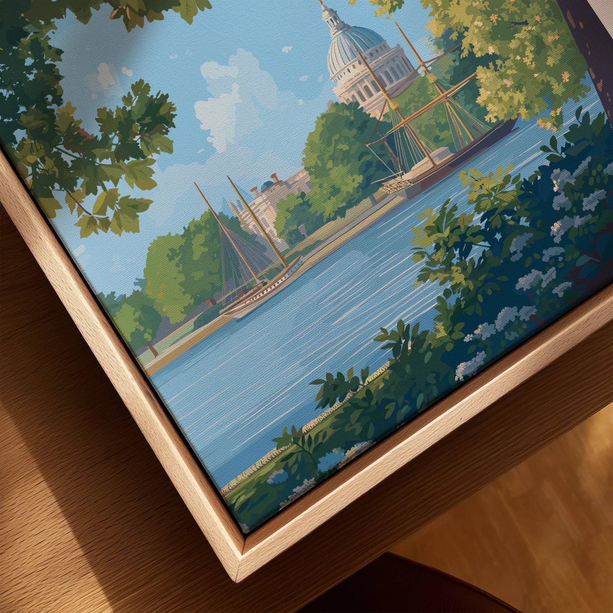 Closeup of framed canvas wall art featuring a city river scene with domed building and trees