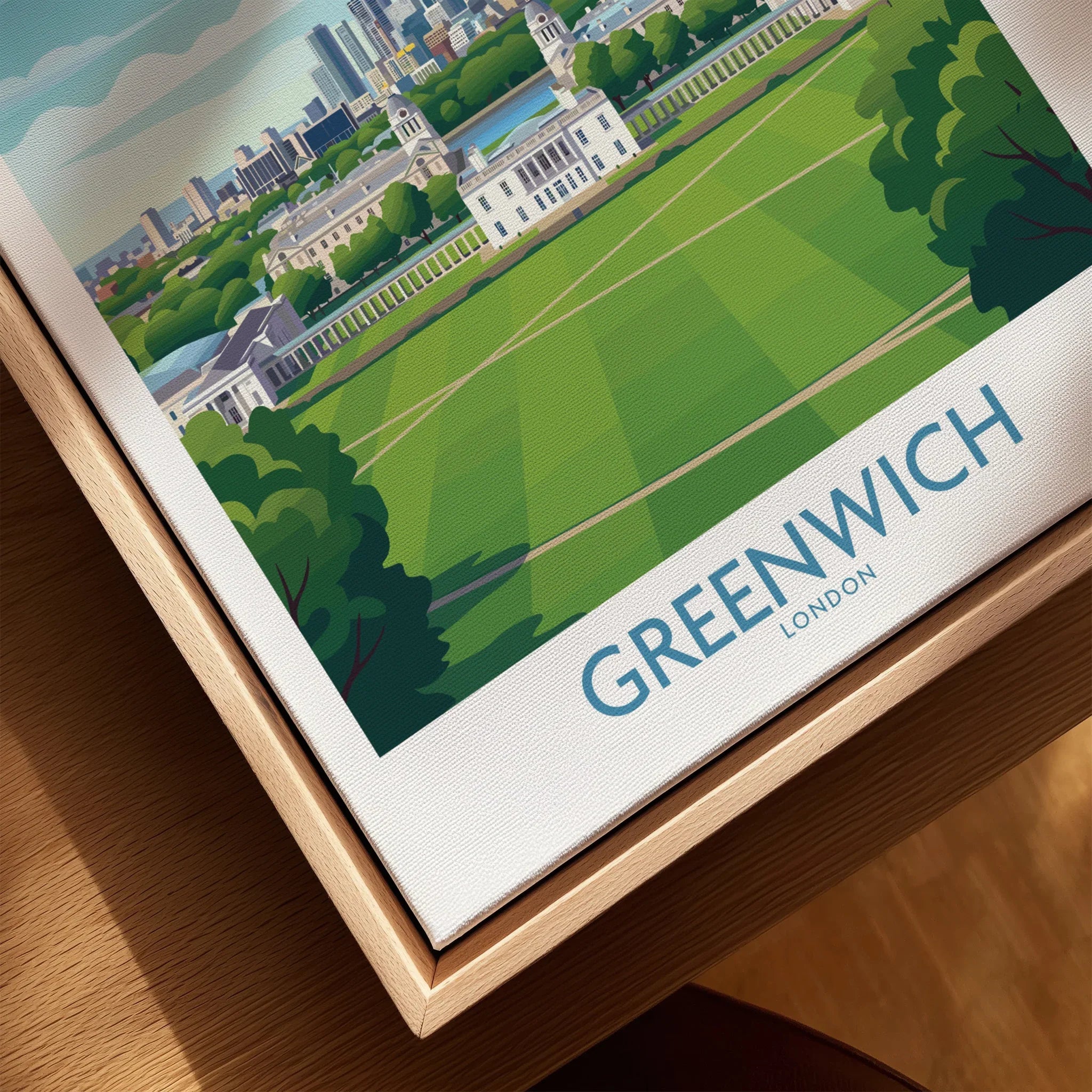 Greenwich London travel poster print in natural wood floating frame, close-up view