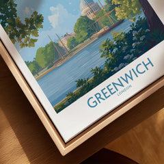 Greenwich London travel poster close-up in natural wood floating frame, featuring river and trees.