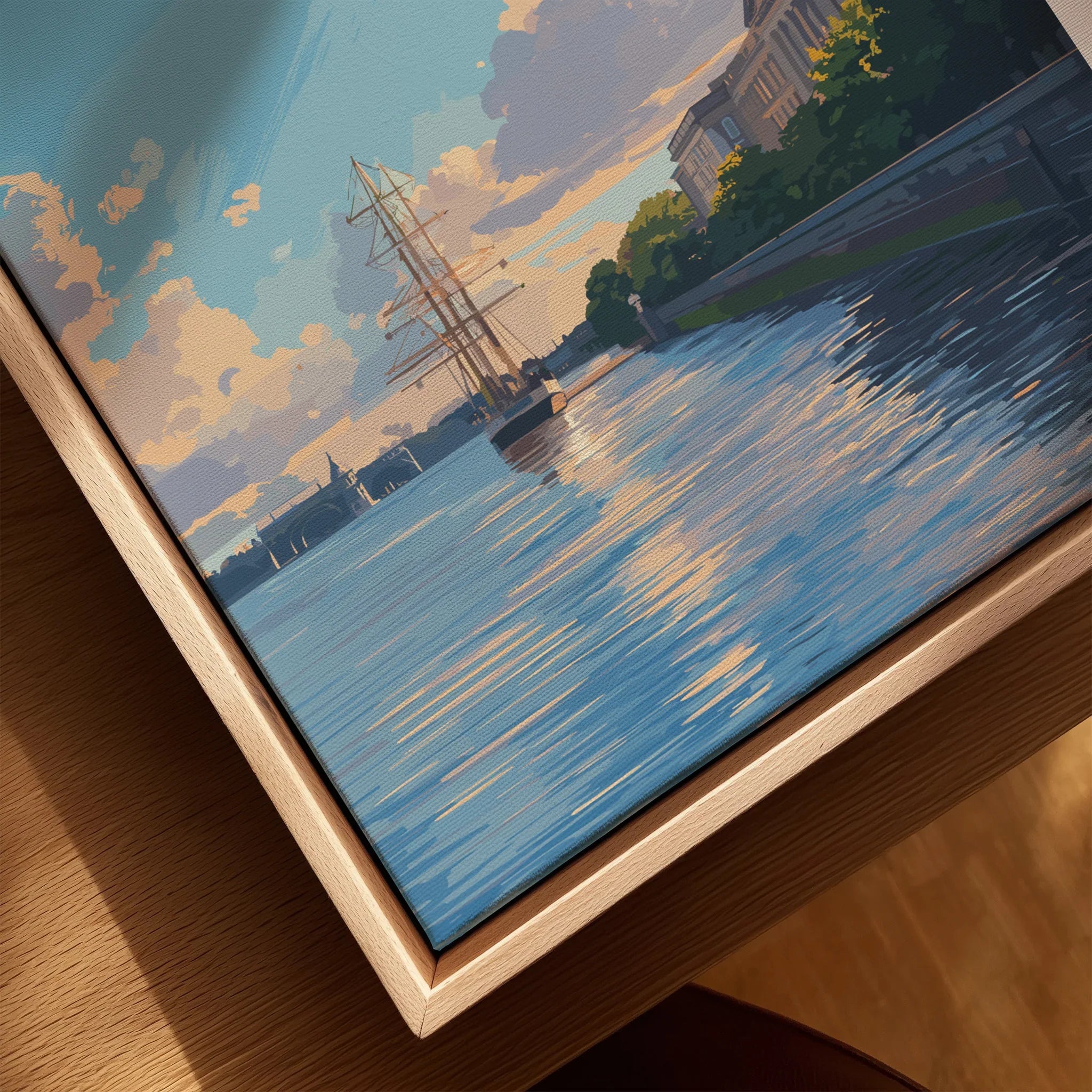 Closeup of canvas wall art in natural wood floating frame with sailboat and waterfront sunset scene