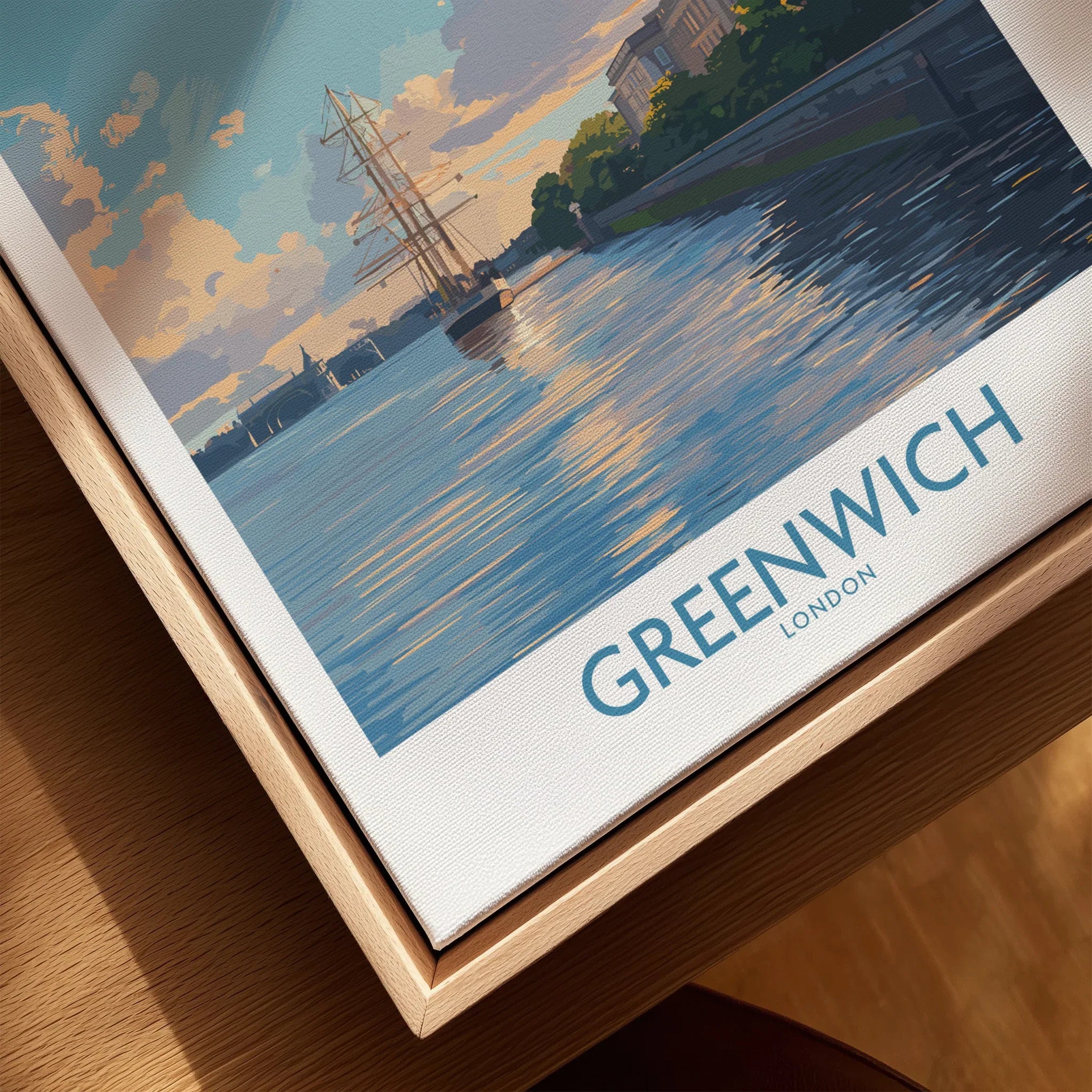 Greenwich London travel poster canvas closeup in natural wood floating frame