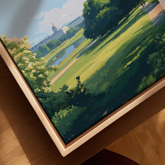 Close-up of framed canvas wall art with natural wood floating frame and park landscape print