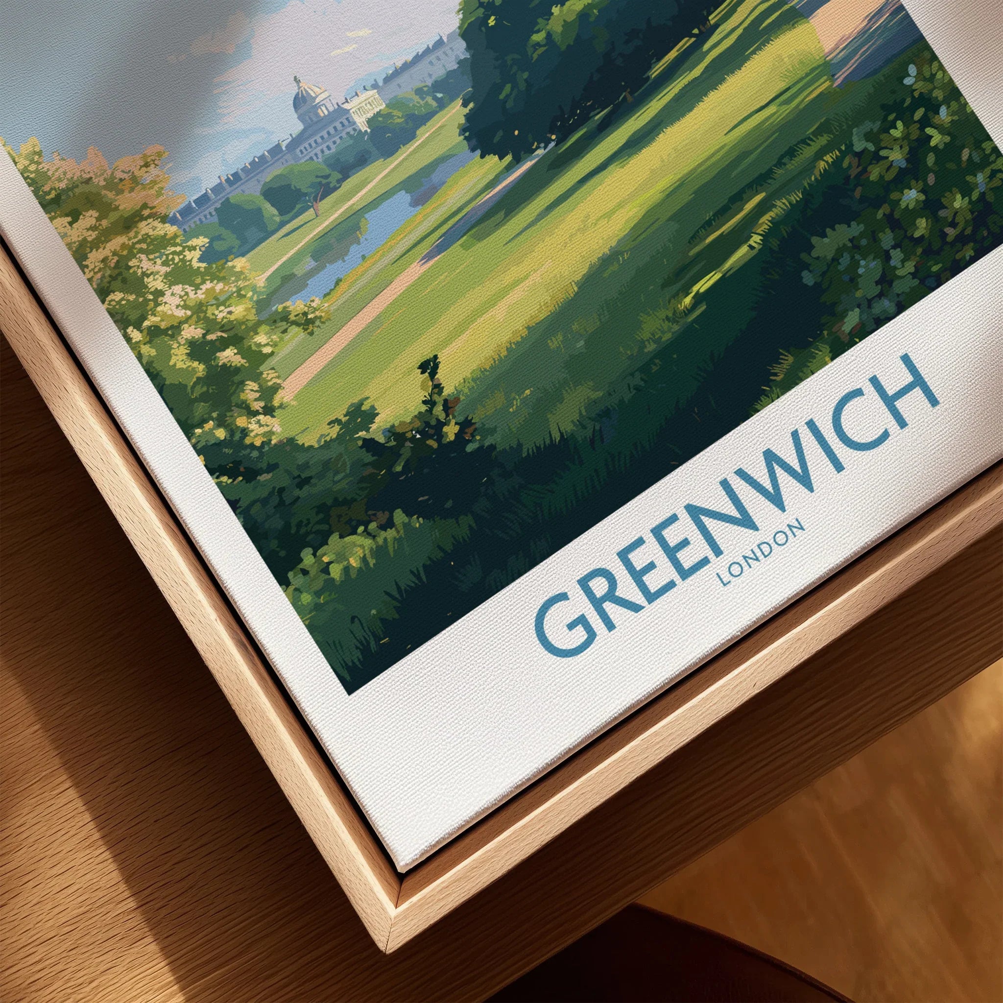 Greenwich London travel poster print in natural wood floating frame, close-up view