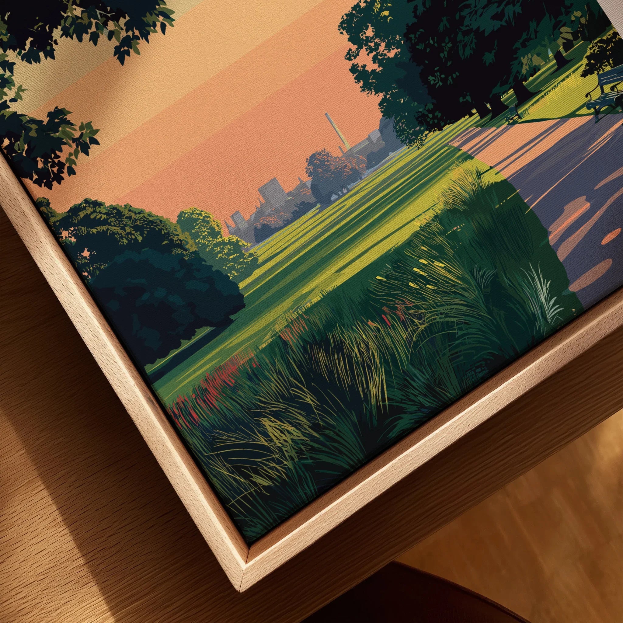 Close-up of framed canvas wall art featuring a city park landscape at sunset in a natural wood floating frame.
