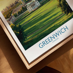 Greenwich London cityscape art print in natural wood floating frame, closeup view