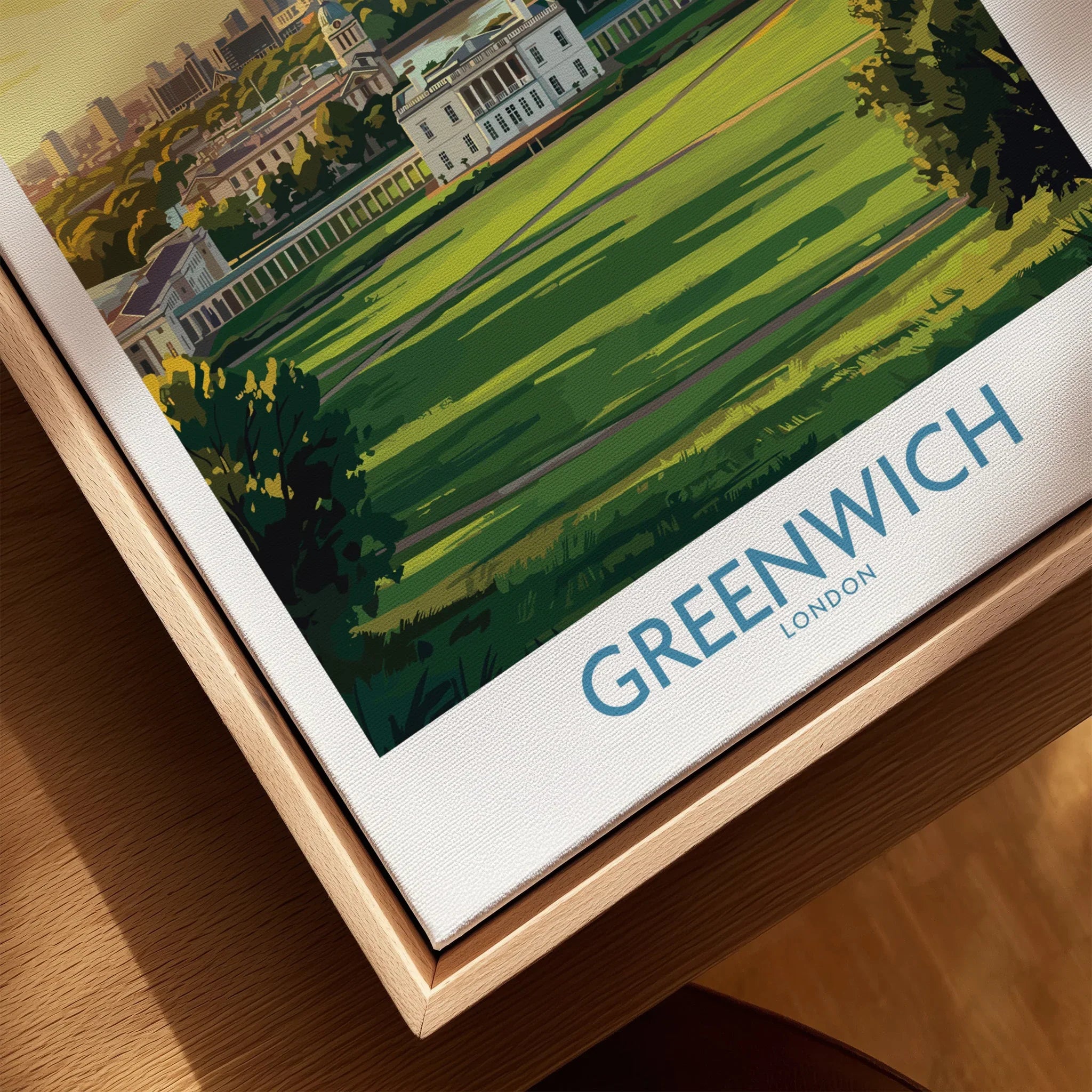 Greenwich London cityscape art print in natural wood floating frame, closeup view