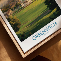 Greenwich London travel poster close-up in natural wood floating frame, canvas print