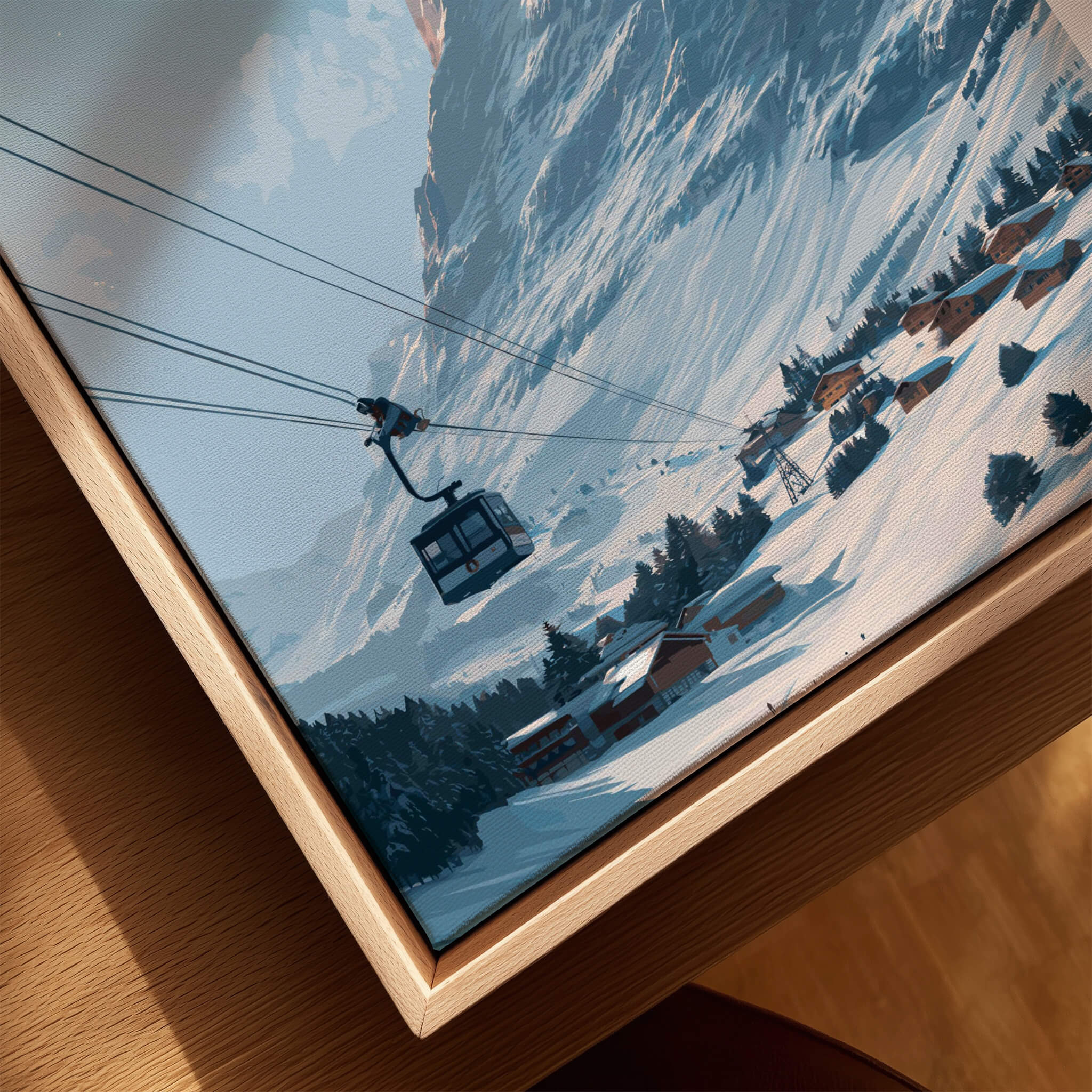 Grindelwald Switzerland Wall Art Print | Alpine Cable Car Travel Posters showcasing a cable car amid snowy mountains.