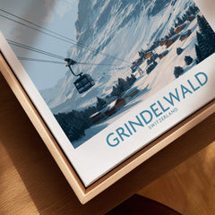 Grindelwald Switzerland Poster | Snowy Alps Mountain Scene Canvas Print featuring a ski lift and chalets in a snowy landscape.