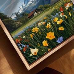 Grindelwald Switzerland Travel Poster | Alpine Wildflower Meadow Wall Art Print featuring vibrant alpine flowers and majestic mountains.