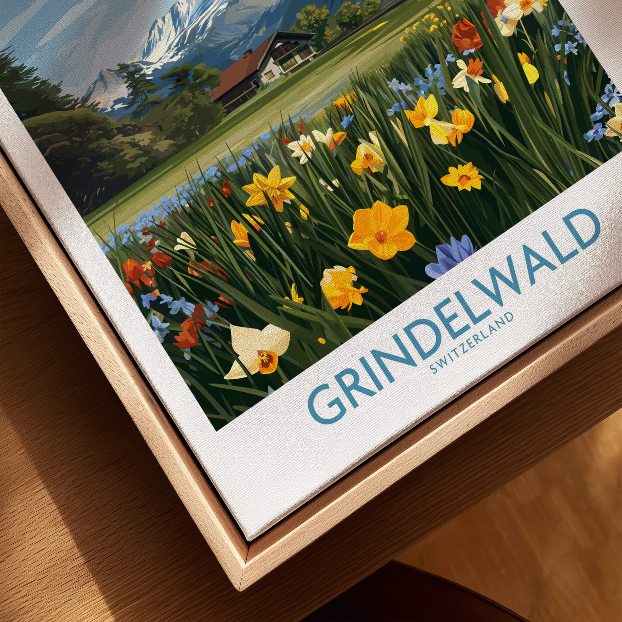 Grindelwald Switzerland Canvas Print | Scenic Swiss Village Landscape Poster featuring colorful flowers and Swiss mountains.