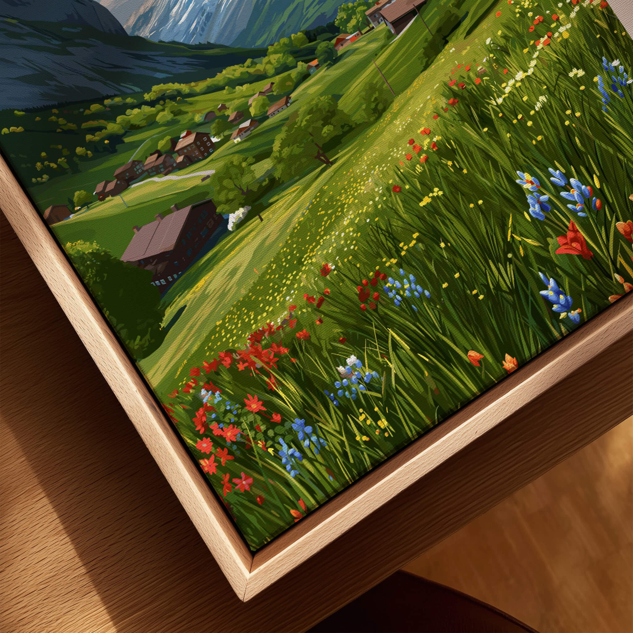 Grindelwald Switzerland Wall Art Print | Summer Alps Nature Travel Posters showcasing vibrant wildflowers in lush alpine meadows.