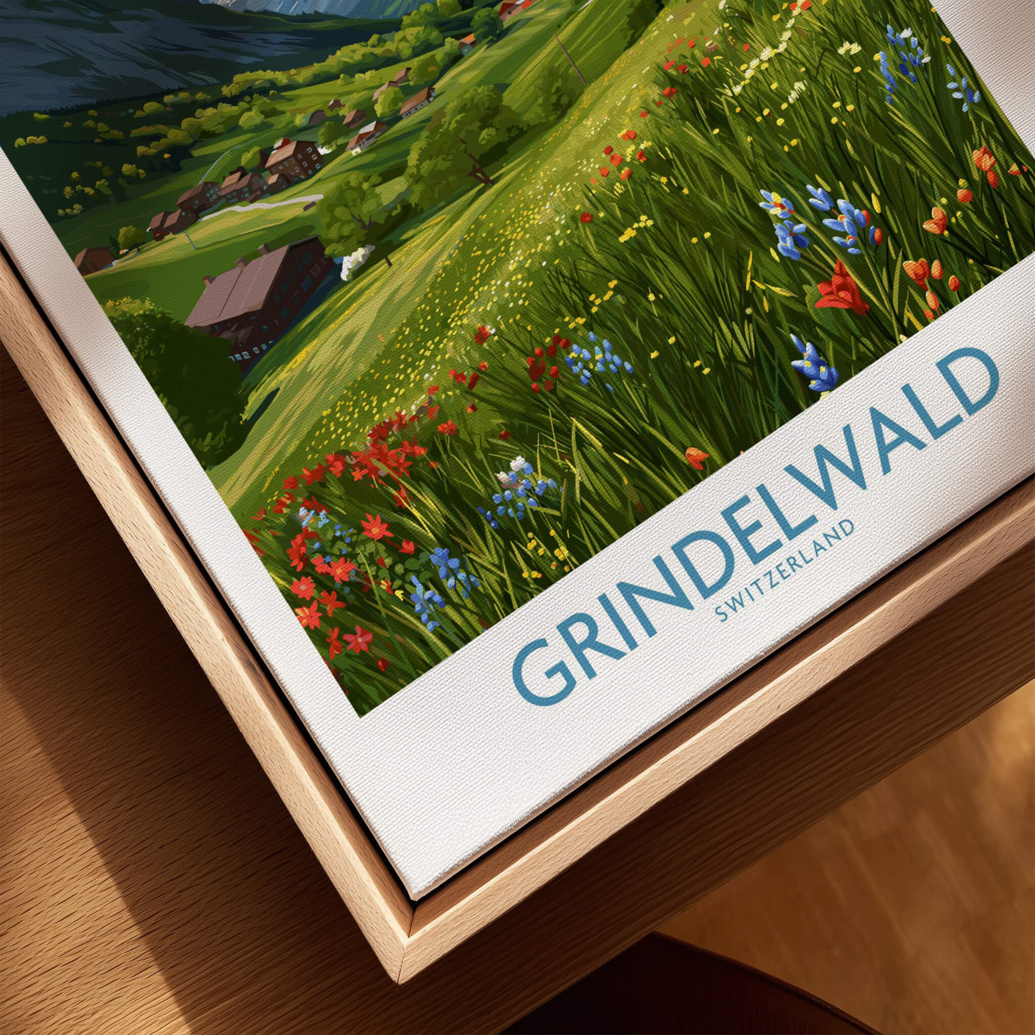 Grindelwald Switzerland Posters | Lush Green Mountain Valley Canvas Print featuring vibrant flowers and lush greenery.