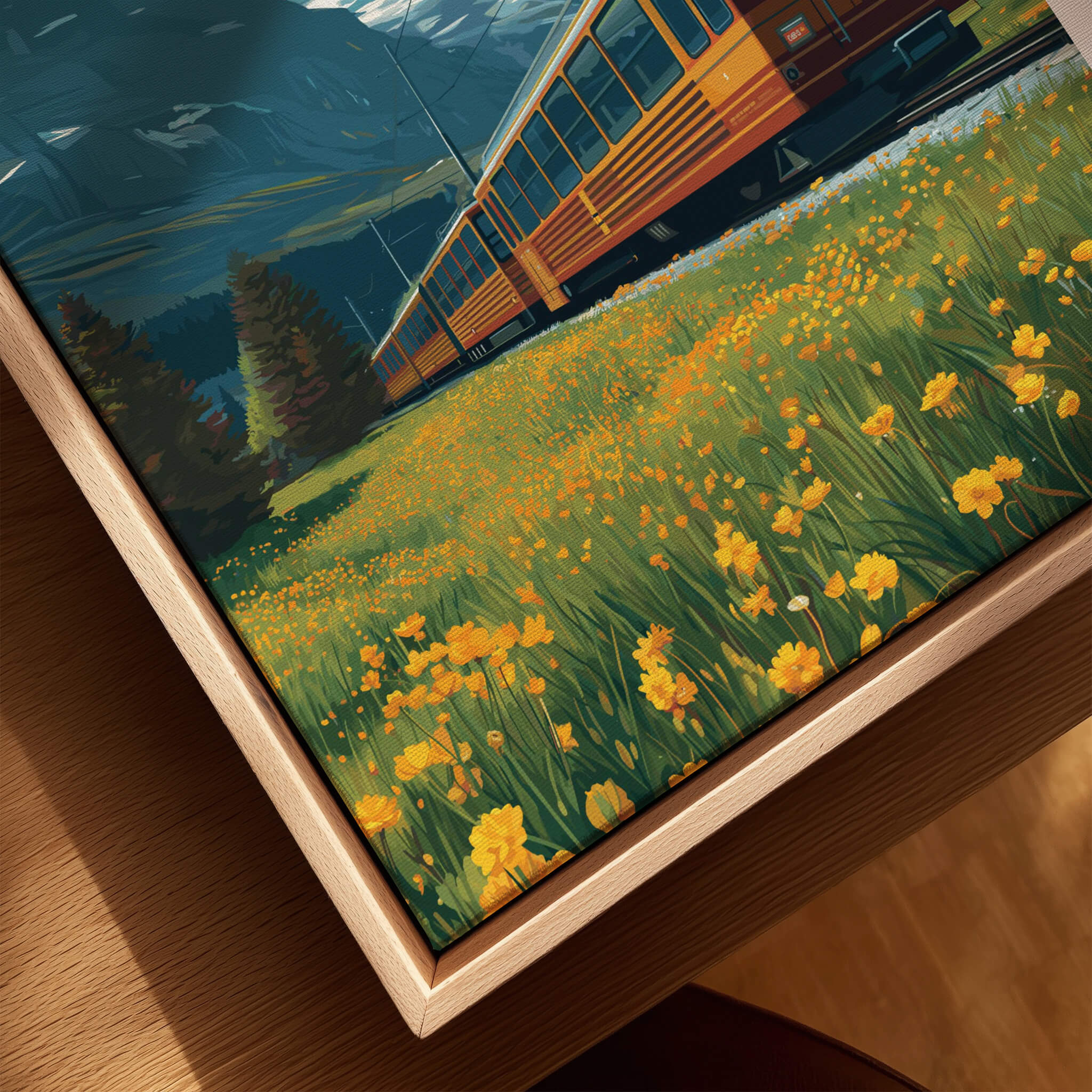 Grindelwald Switzerland Travel Poster | Iconic Mountain Railway Wall Art Print featuring vibrant yellow flowers and a railway train.