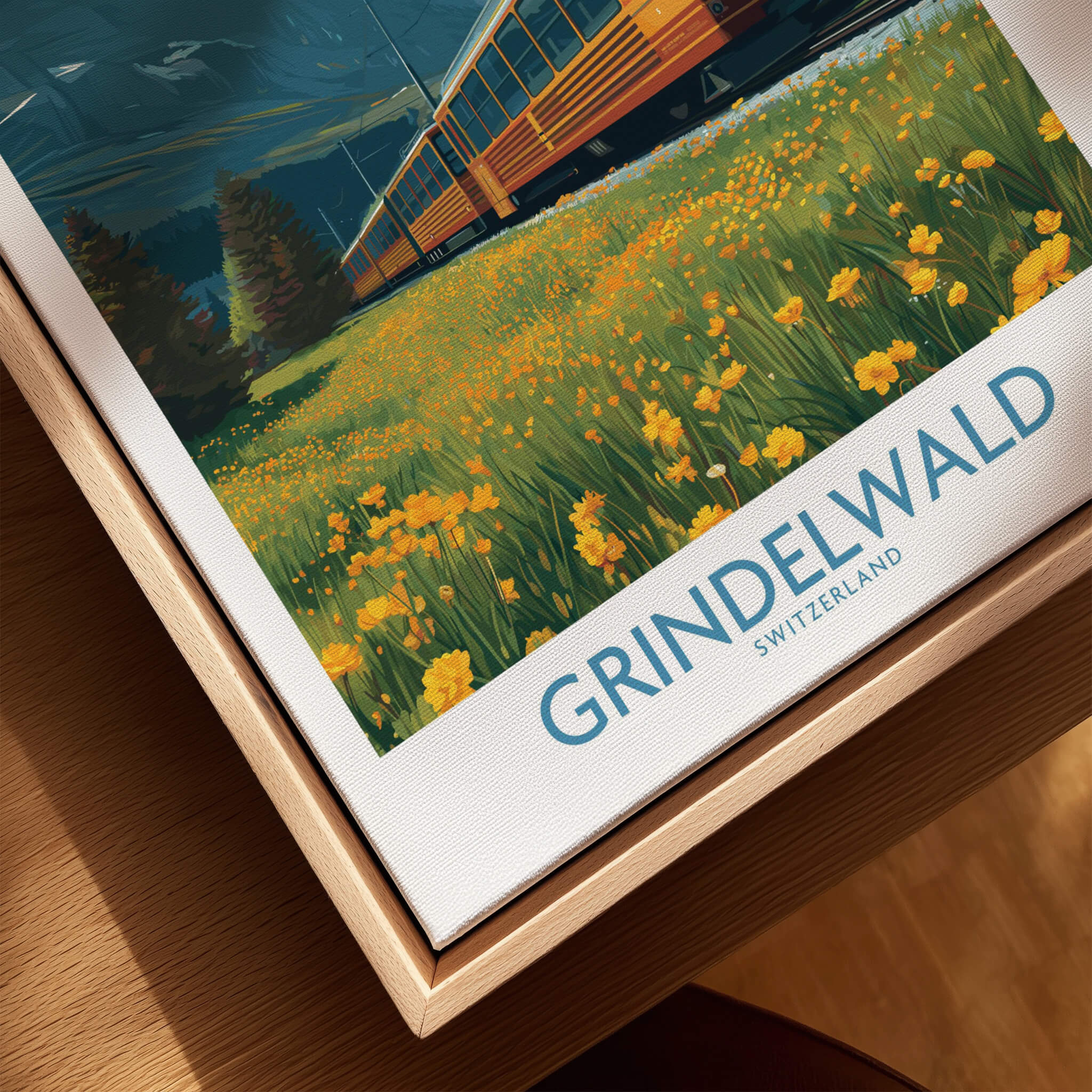 Grindelwald Switzerland Canvas Print | Swiss Alps Train Railway Scene Poster displayed with vibrant yellow flowers.