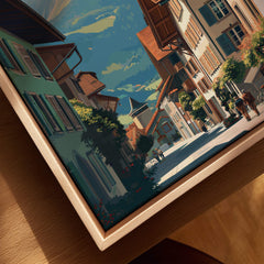 Gruyères Switzerland Wall Art Print | Medieval Village Street Travel Poster showcasing a picturesque cobblestone street.