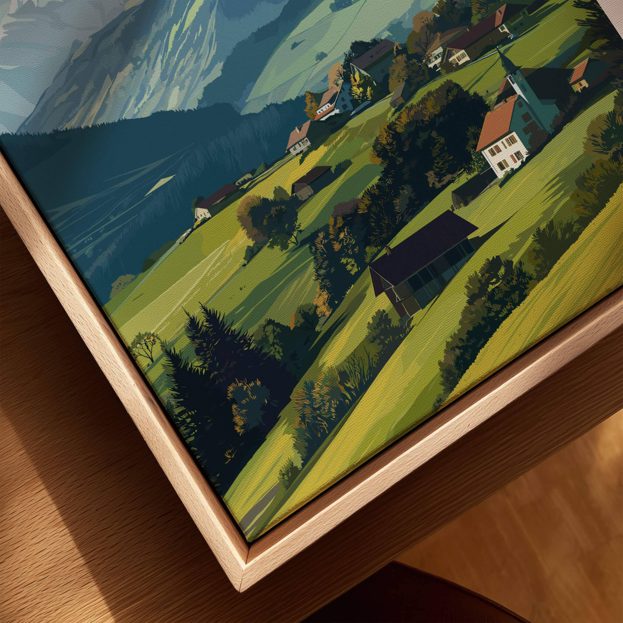 Gruyères Switzerland Travel Poster | Mountain Landscape Wall Art Print featuring lush green fields and quaint houses.