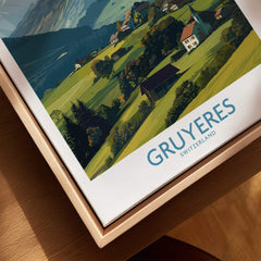 Gruyères Switzerland Canvas Print | Charming Swiss Countryside Scenery Poster featuring scenic rolling hills and traditional chalets.