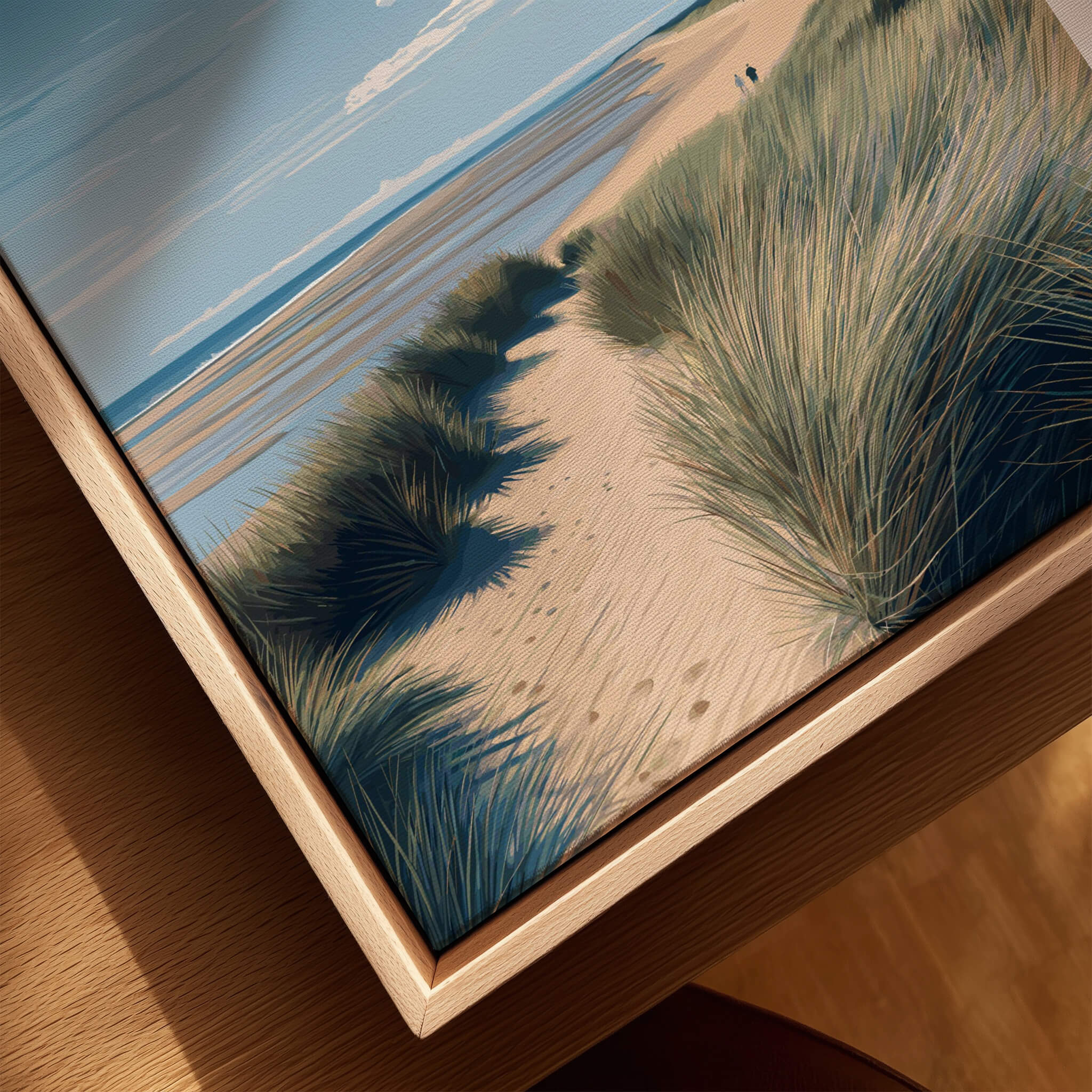 Holkham Beach Norfolk Wall Art Print | Coastal Sand Dunes Travel Poster showcasing a pathway through sand dunes.