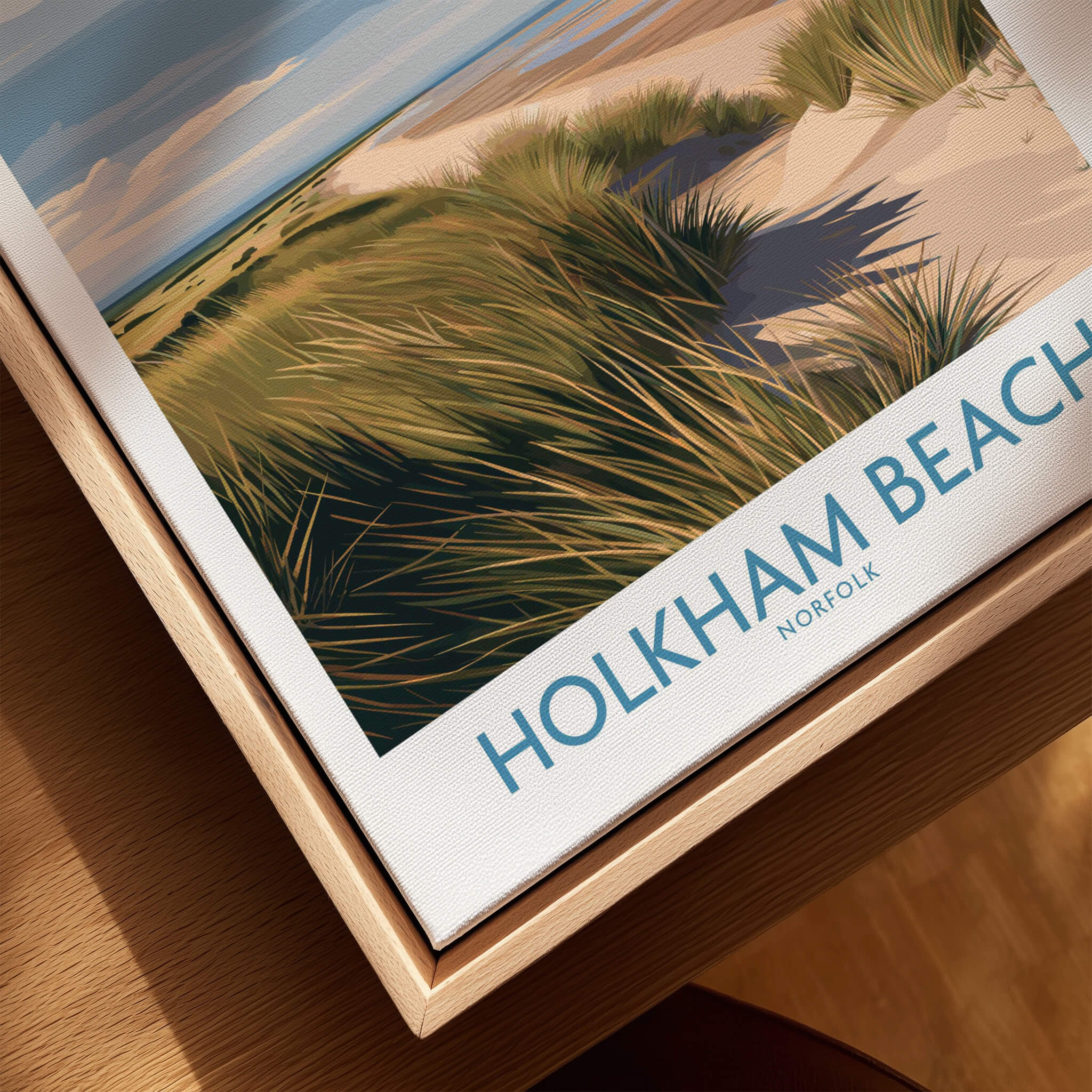 Holkham Beach Norfolk Canvas Print | Minimalist British Seaside Landscape Poster featuring lush grass and serene coastal view.