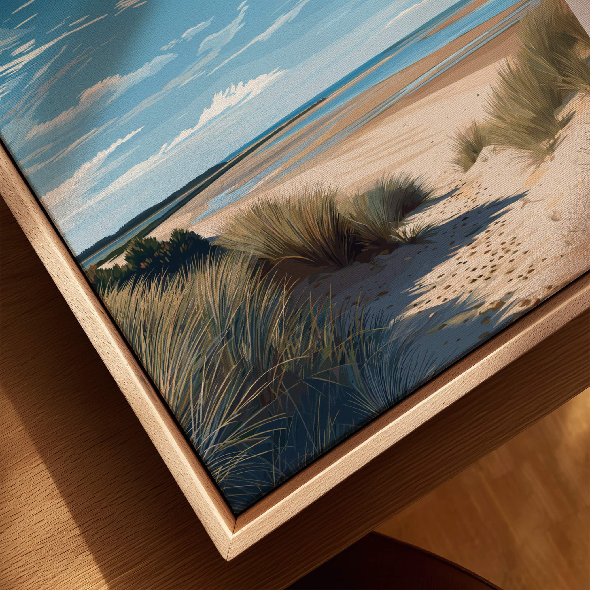 Holkham Beach Norfolk Wall Art Print | British Beach Travel Poster featuring windswept dunes and serene coastal skies.