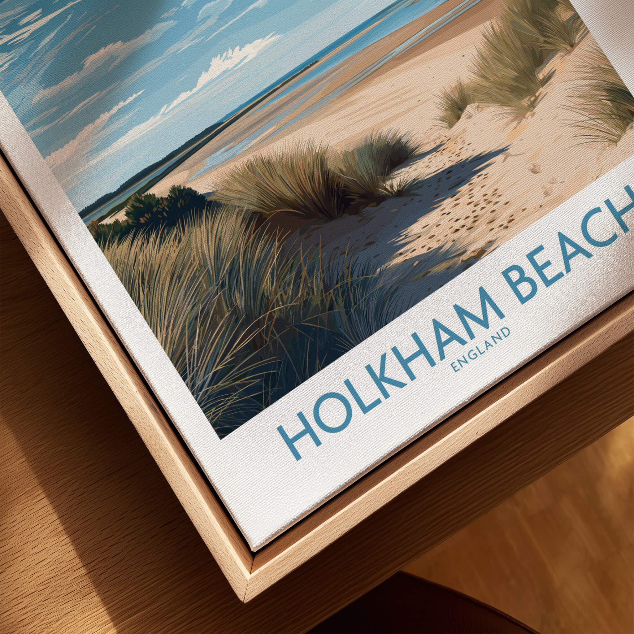 Holkham Beach Norfolk Poster | Serene Coastal Landscape Canvas Print displayed in a wooden frame, highlighting a tranquil coastal scene.