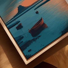 Holy Island Northumberland Wall Art Print | Lindisfarne Sunset Travel Poster featuring boats on water at sunset.