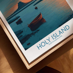 Holy Island Northumberland Poster | Coastal Castle Sunset Canvas Print showcasing boats on water with a coastal backdrop.