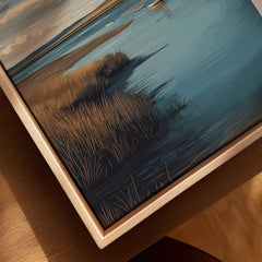 Holy Island Northumberland Travel Poster | Lindisfarne Castle Wall Art Print featuring water and grasses in a wooden frame.