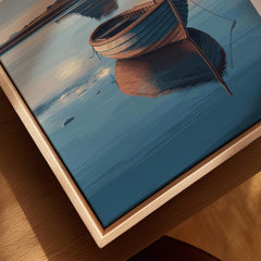 Holy Island Northumberland Wall Art Print | Serene Boat Scene Travel Poster featuring a peaceful boat reflected in calm waters.