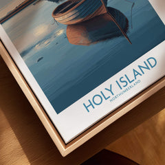Holy Island Poster Northumberland | Lindisfarne Canvas Print featuring a serene boat by the waterside.