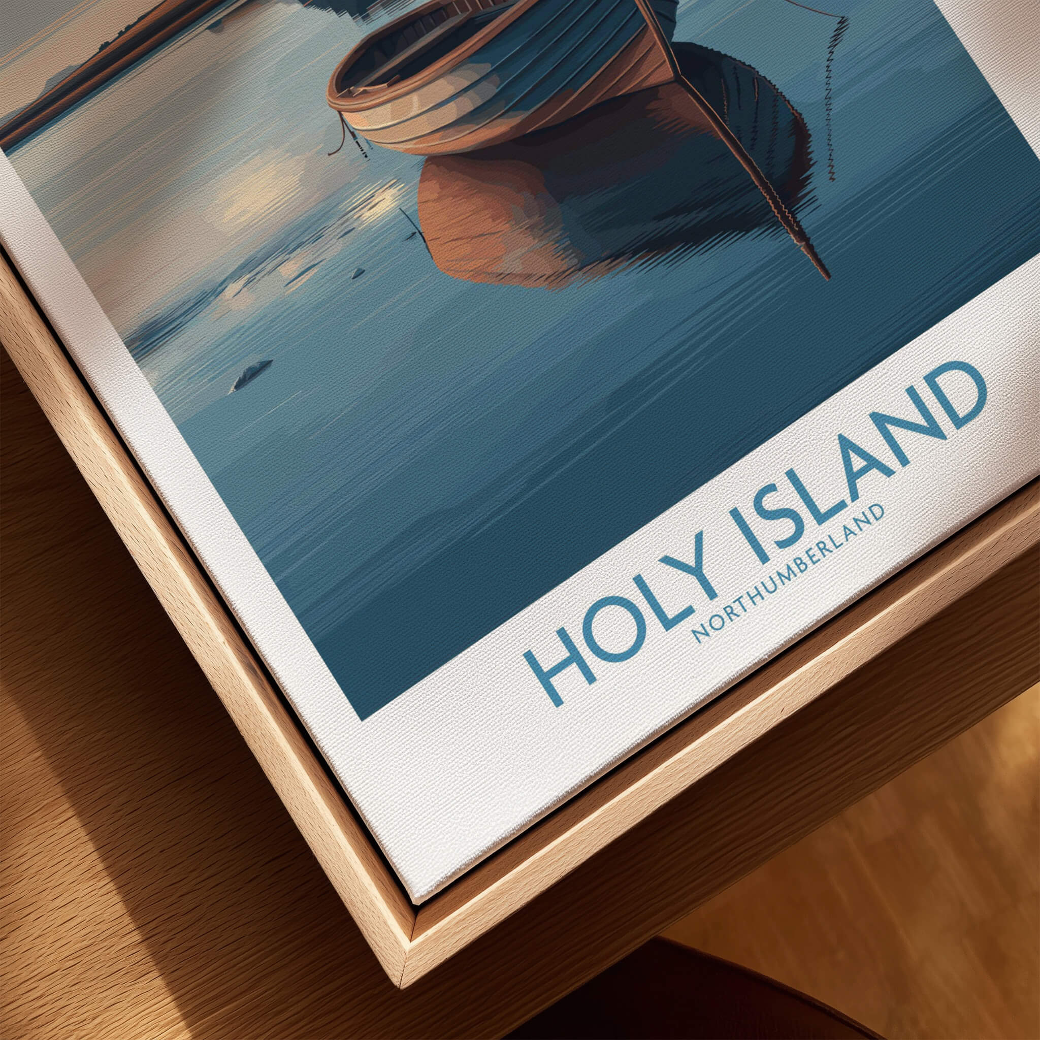 Holy Island Poster Northumberland | Lindisfarne Canvas Print featuring a serene boat by the waterside.