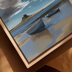 Holy Island Travel Poster Northumberland | Coastal Landscape Wall Art Print featuring boats on the shoreline under a cloudy sky.