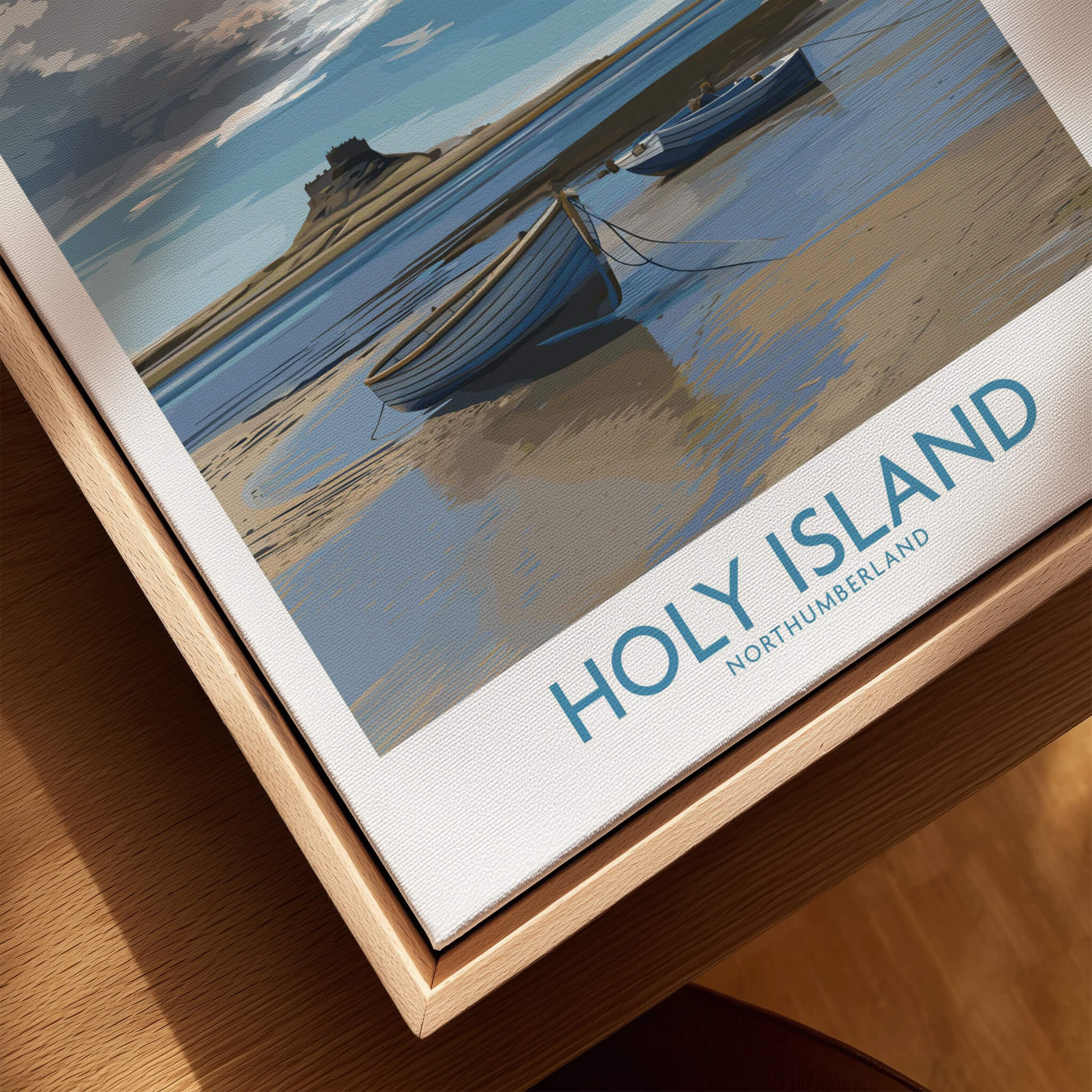 Holy Island Northumberland Poster | North Sea Coast Canvas Print featuring boats on the beach and dramatic skies.